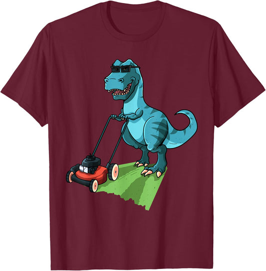 Funny Lawn Mower T-Rex Tractor Mowing Gift Kids Toddler T-Shirt - T-Shirt | Maroon