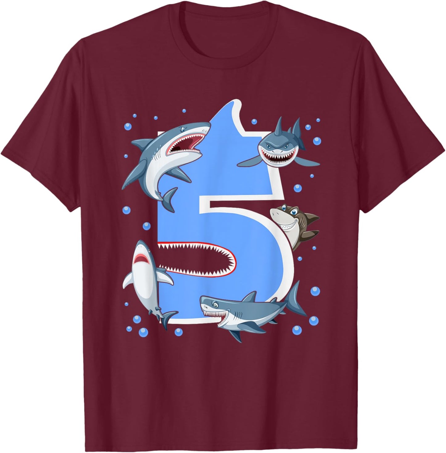 5th Birthday Boys Shark 5 years Old Shark B-day T-Shirt - T-Shirt | Maroon