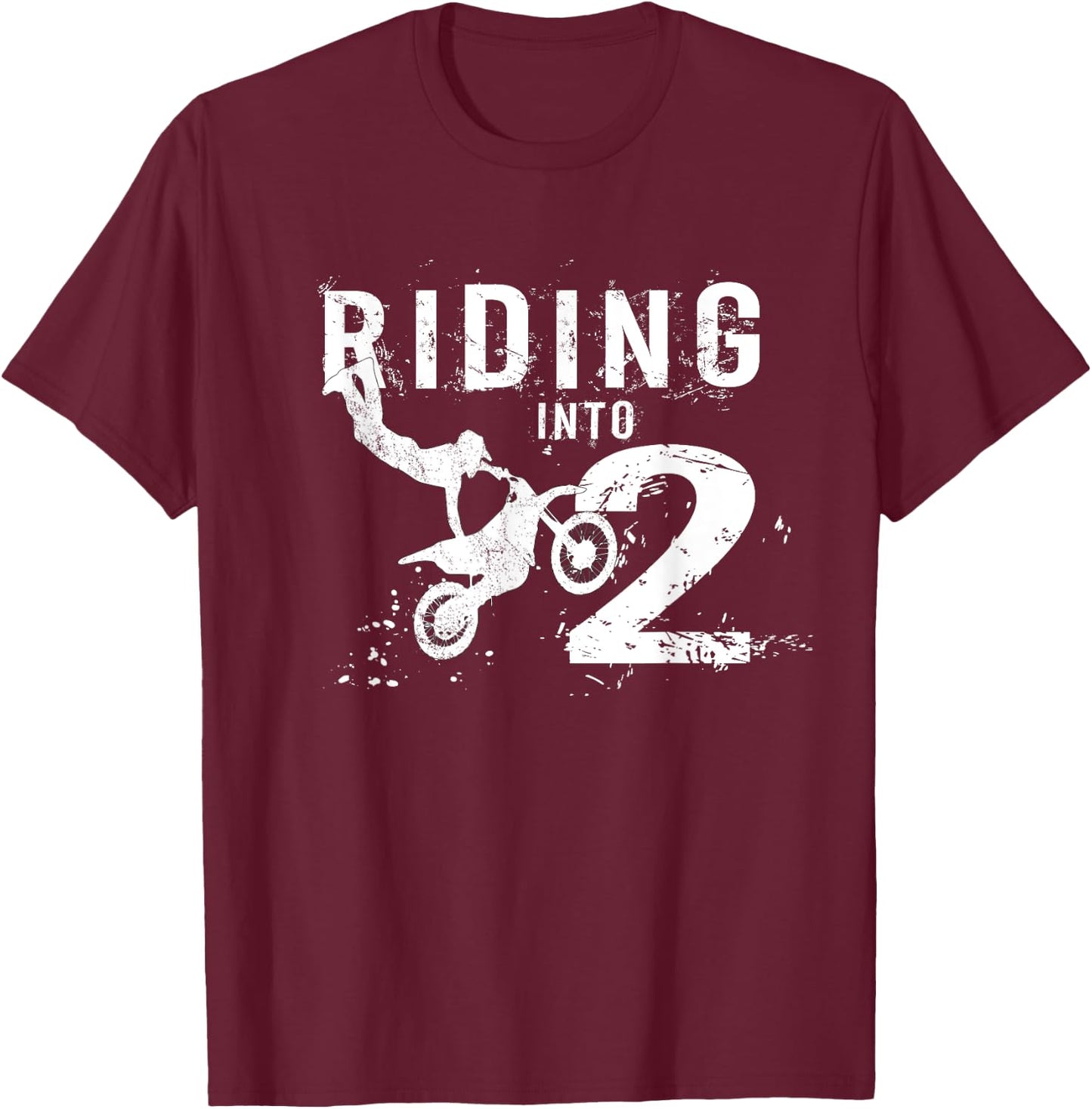 Riding Into 2 Years Old 2nd Birthday Boy Dirt Bike Party T-Shirt - T-Shirt | Maroon