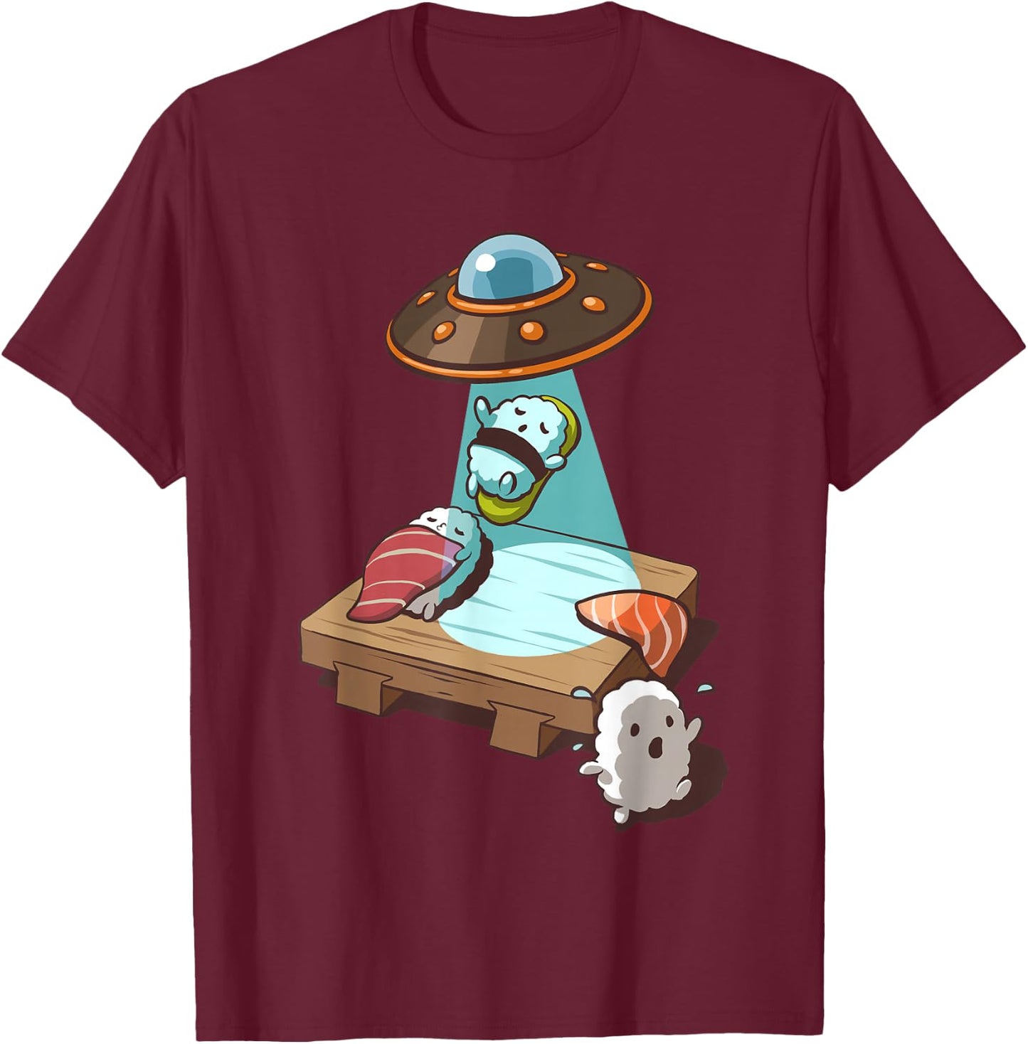 Sushi UFO Alien Abduction T-Shirt - T-Shirt | Maroon