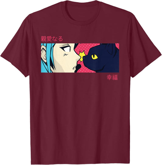 Anime Girl Eyes - Japan Culture Art - Japanese Aesthetic Cat T-Shirt - T-Shirt | Maroon