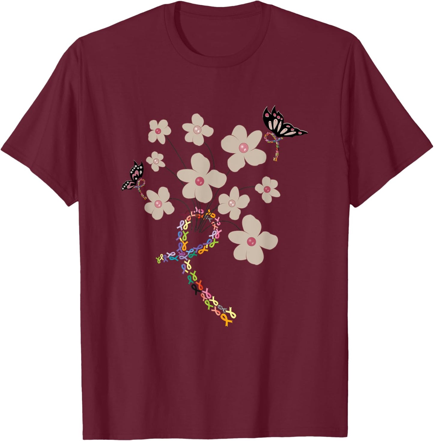 All Cancer Matters Awareness All Ribbons Butterfly T-Shirt - T-Shirt | Maroon
