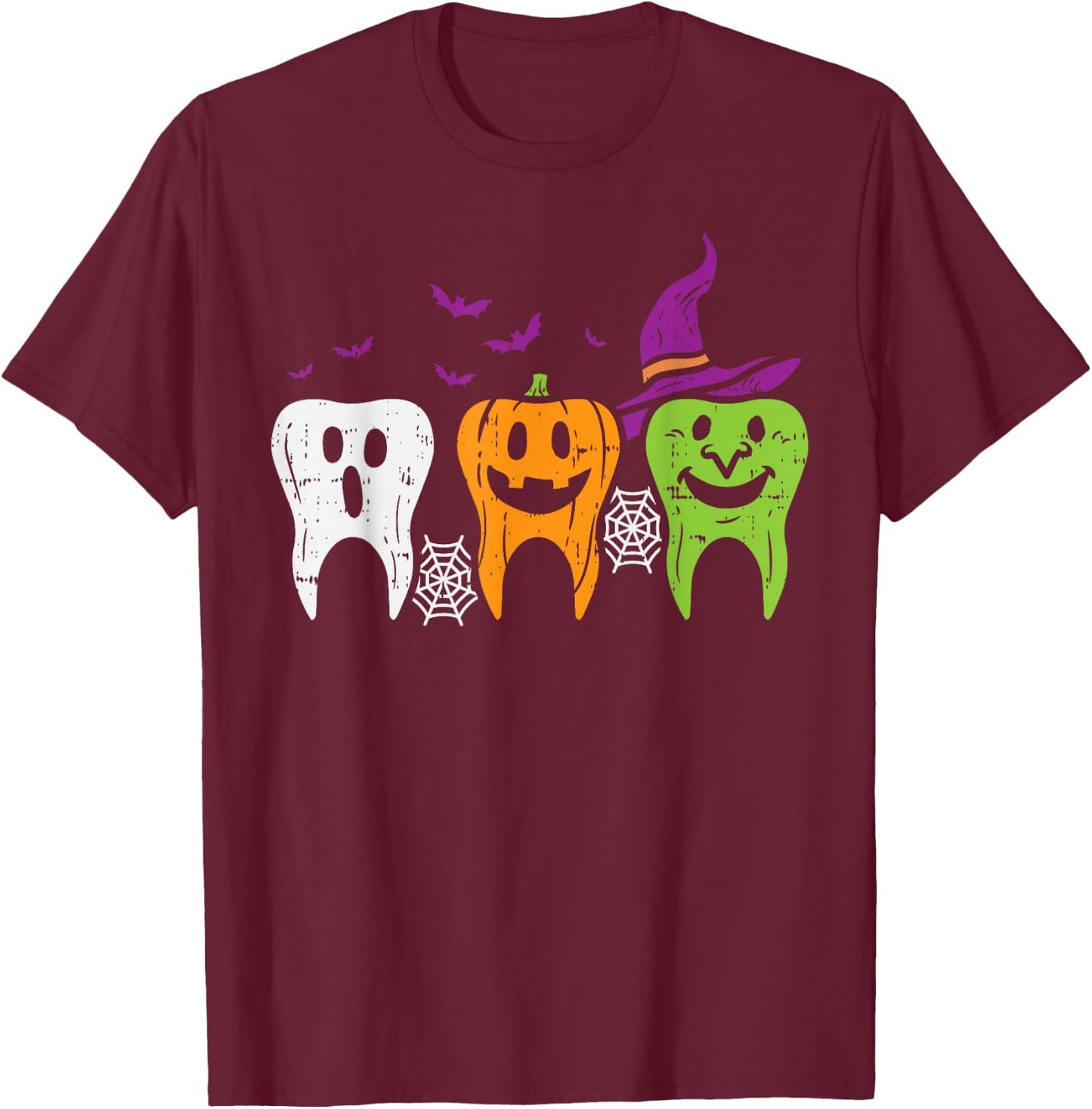 Teeth Ghost Pumpkin Witch Cute Dental Halloween Dentist Gift T-Shirt - T-Shirt | Maroon