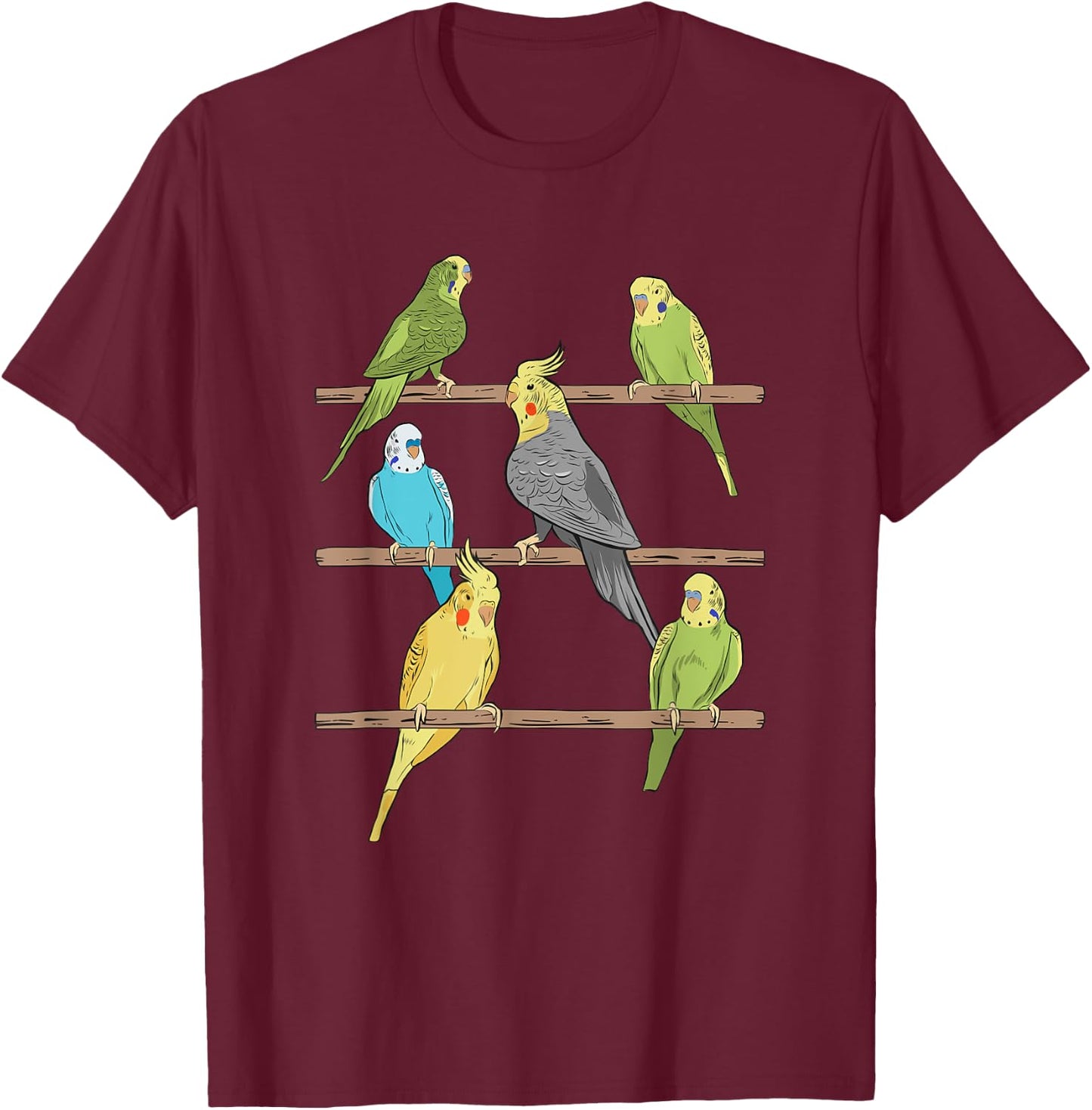 Budgie and Cockatiels on Poles Budgie T-Shirt - T-Shirt | Maroon