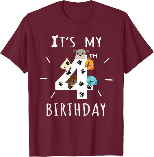 It's My 4th Birthday Dog Lover Theme 4 Years Old Puppy T-Shirt - T-Shirt | Maroon