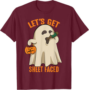 Let's Get Sheet Faced | Funny Halloween Drinking Gift T-Shirt - T-Shirt | Maroon