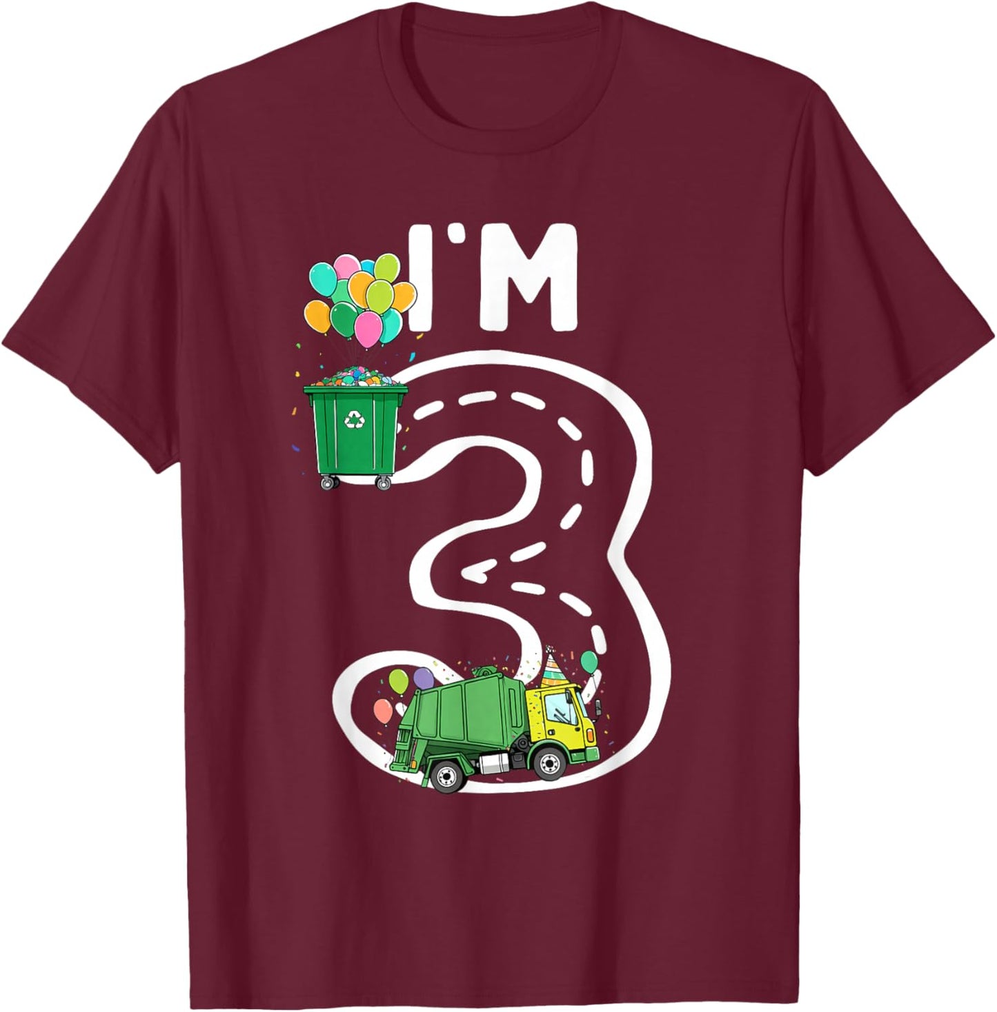 I'm 3 Three Years Old Garbage Truck 3rd Birthday Boy Kids T-Shirt - T-Shirt | Maroon