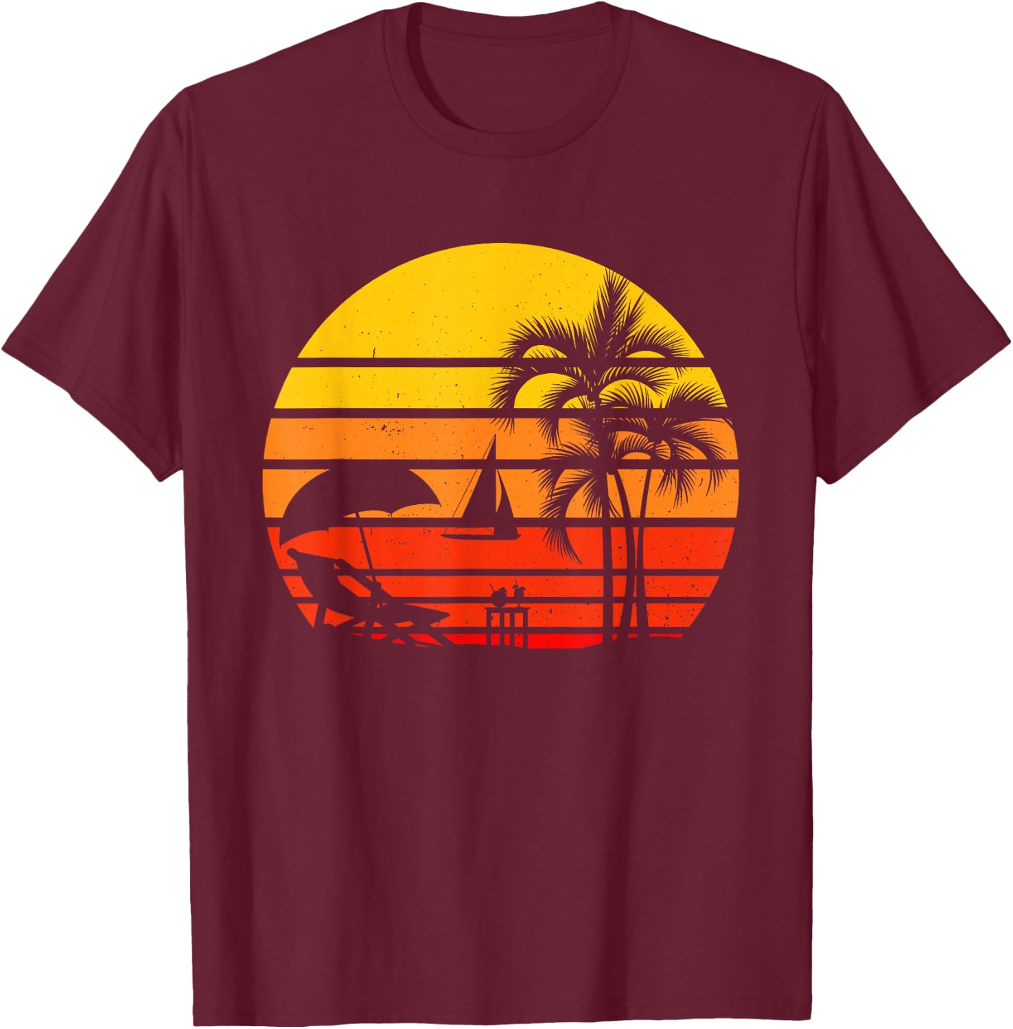 Retro Vintage Beach Sunset Palm Tree Tropical Beach T-Shirt - T-Shirt | Maroon