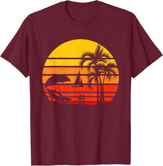 Retro Vintage Beach Sunset Palm Tree Tropical Beach T-Shirt - T-Shirt | Maroon