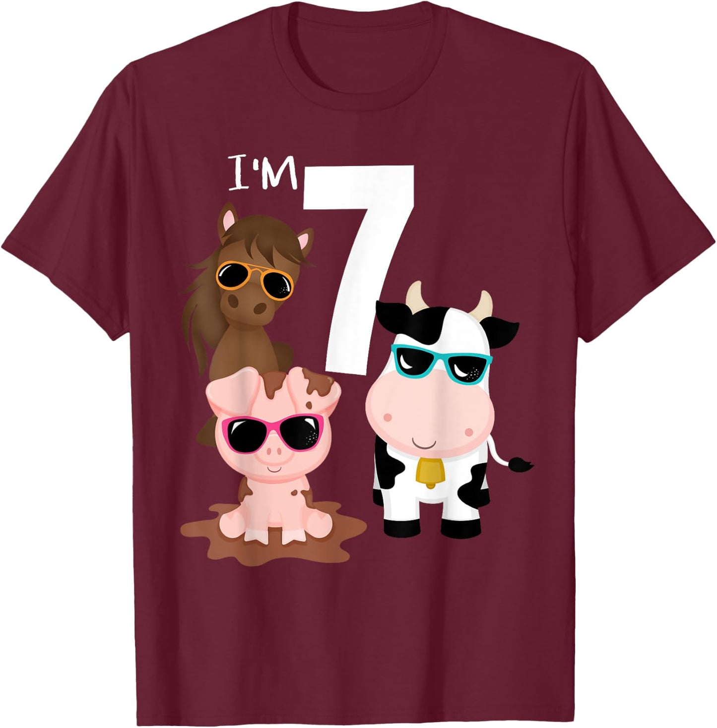 Cool Farm Animals 7th Birthday Party 7 Year Old Toddler T-Shirt - T-Shirt | Maroon