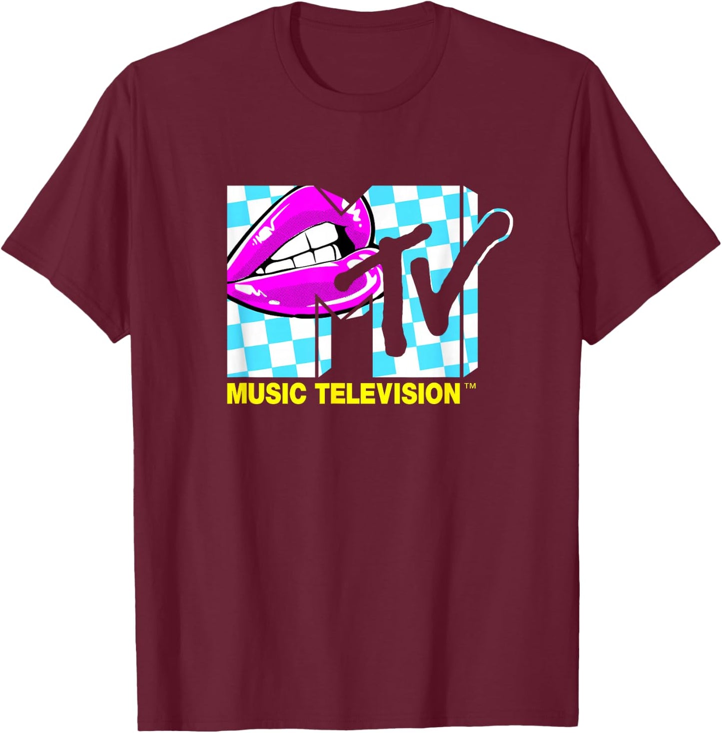 Mademark x MTV - Retro 1980s Pink Lips Checkered Kiss T-Shirt - T-Shirt | Maroon