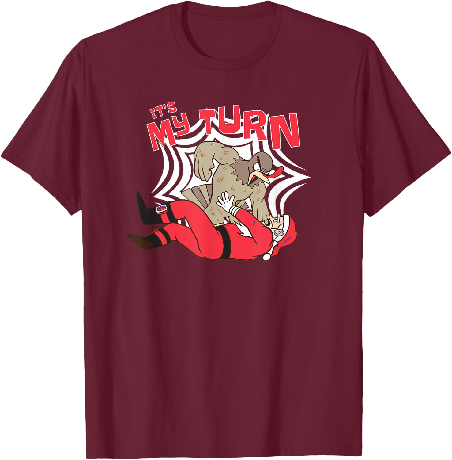 Thanksgiving Turkey Cartoon Beating Up Santa Claus - Funny T-Shirt - T-Shirt | Maroon