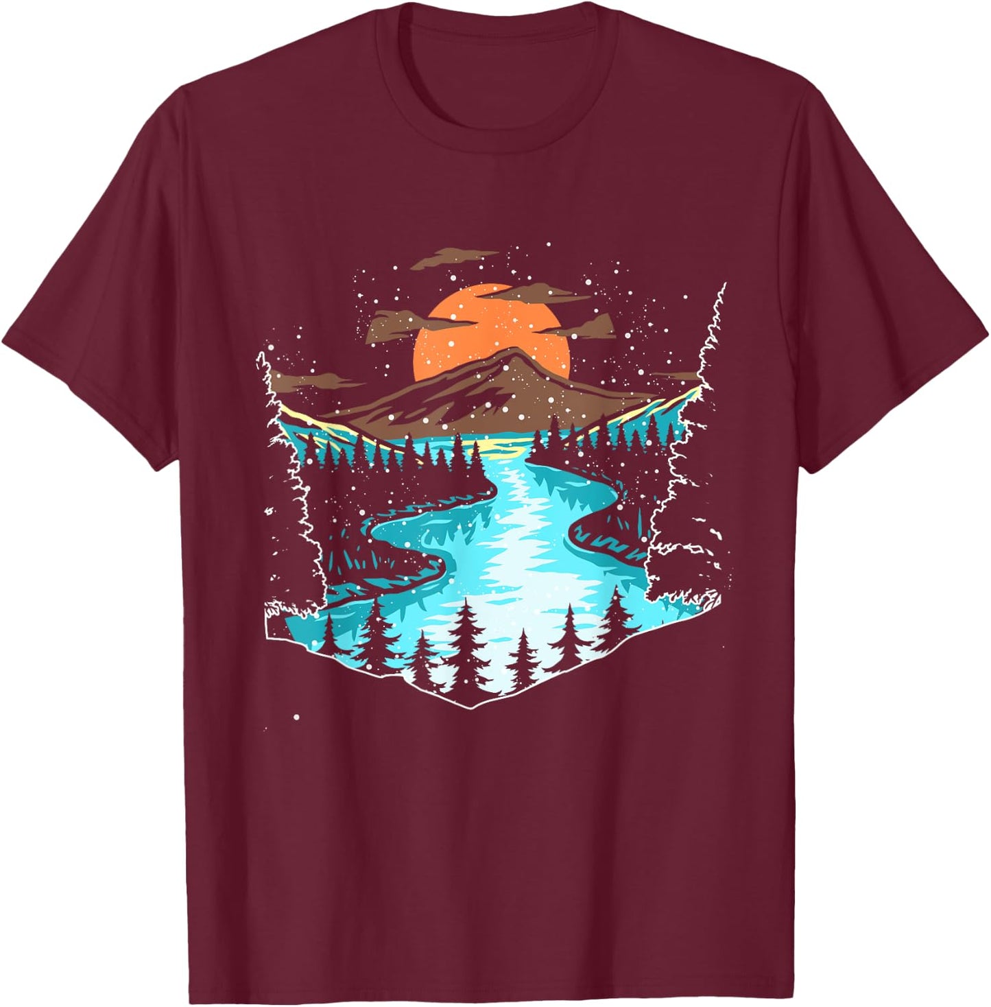 Wildlife Mountain River Outdoor Nature Full Moon Tree Forest T-Shirt - T-Shirt | Maroon