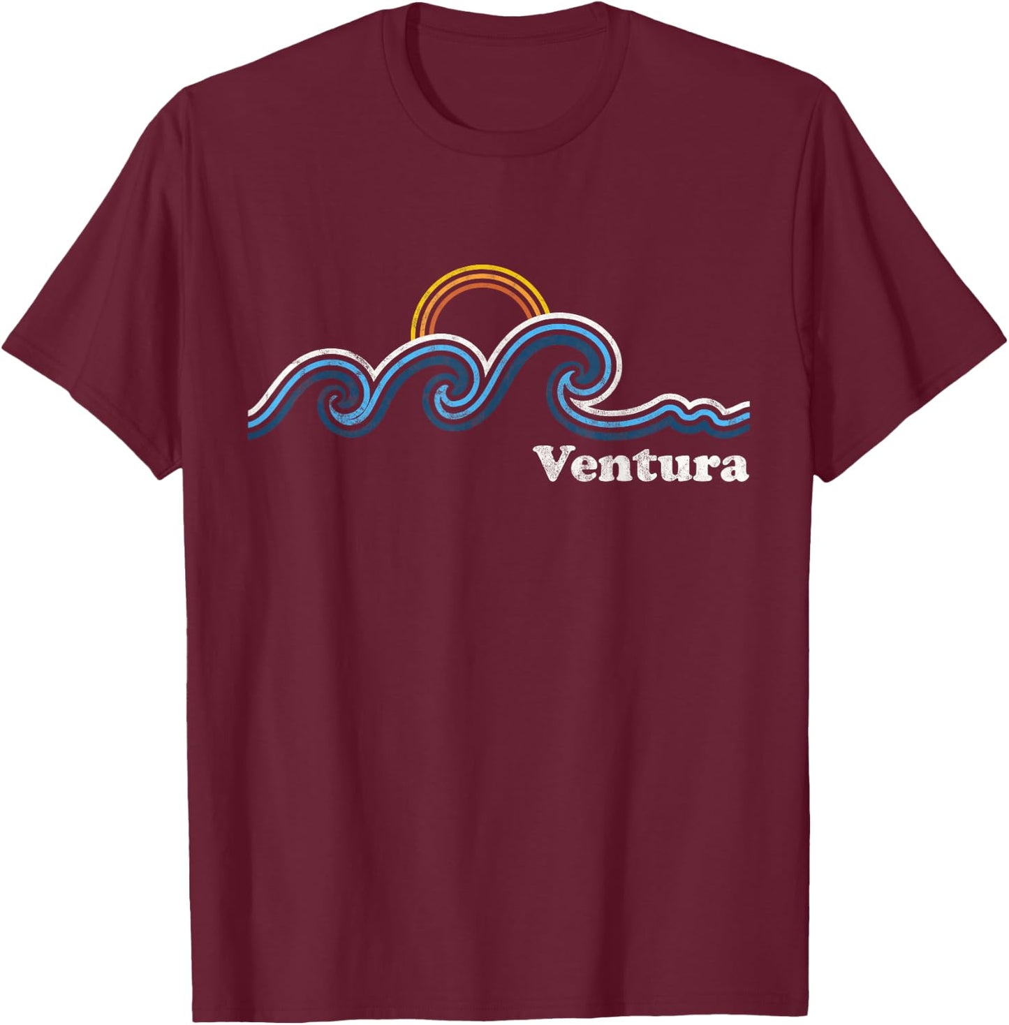 Ventura California CA Sufing Waves Sunset Vintage T-Shirt - T-Shirt | Maroon