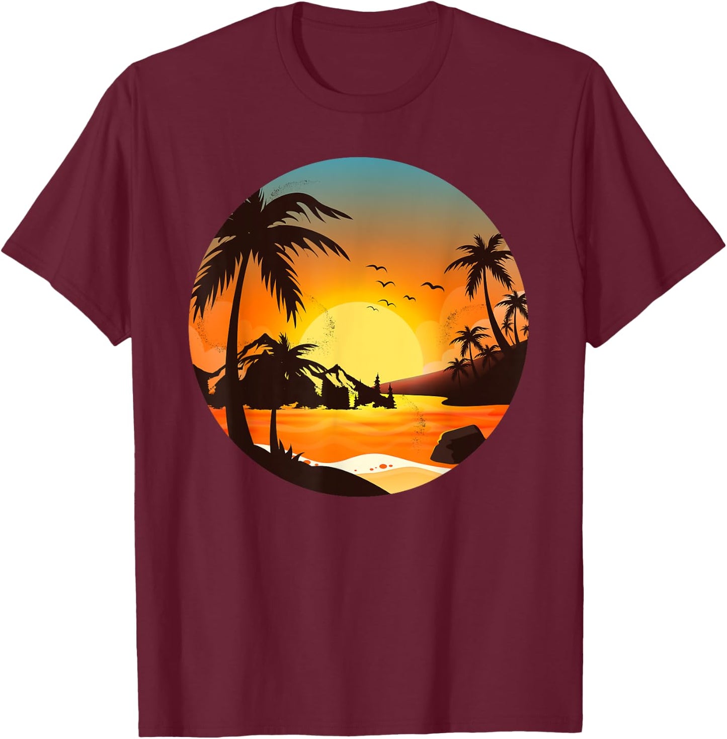 Tropical Sunset Mountains Beach Vacation Palm Trees Forest Women Girls Kids T-Shirt - T-Shirt | Maroon