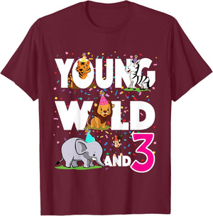 Happy 3rd zoo jungle safari birthday girls Young Wild and 3 T-Shirt - T-Shirt | Maroon