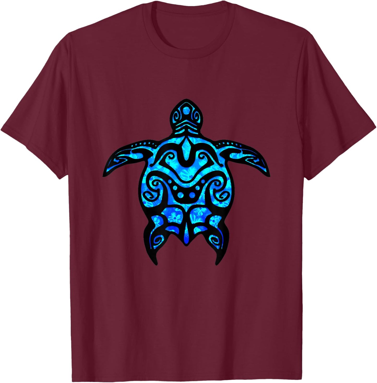Tropical Blue Tribal Sea Turtle T-Shirt - T-Shirt | Maroon