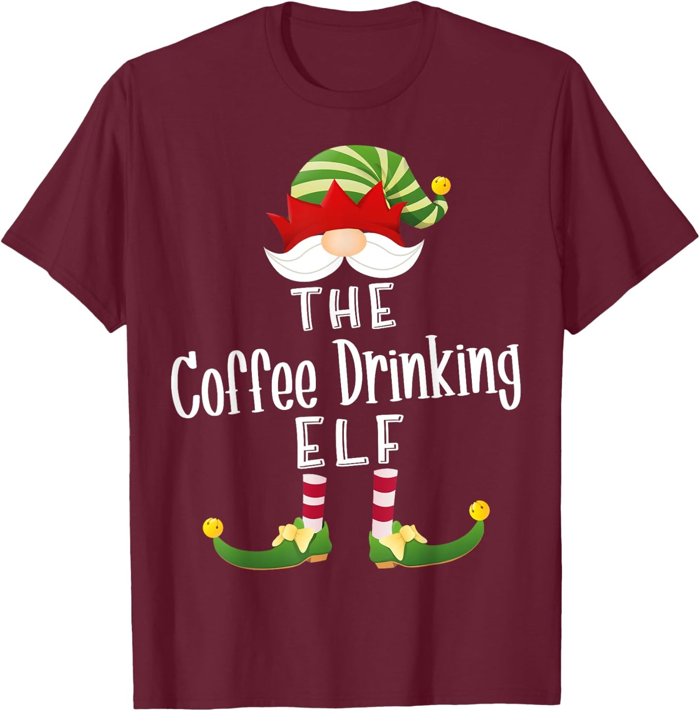 Coffee Drinking Elf Group Christmas Funny Pajama Party T-Shirt - T-Shirt | Maroon