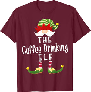 Coffee Drinking Elf Group Christmas Funny Pajama Party T-Shirt - T-Shirt | Maroon