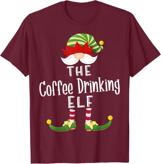 Coffee Drinking Elf Group Christmas Funny Pajama Party T-Shirt - T-Shirt | Maroon