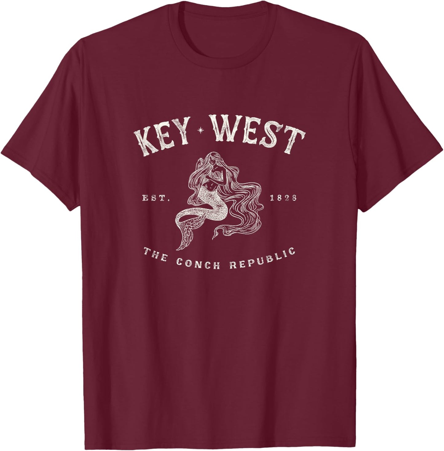 Key West Florida Mermaid Conch Republic Fishing Gift T-Shirt - T-Shirt | Maroon