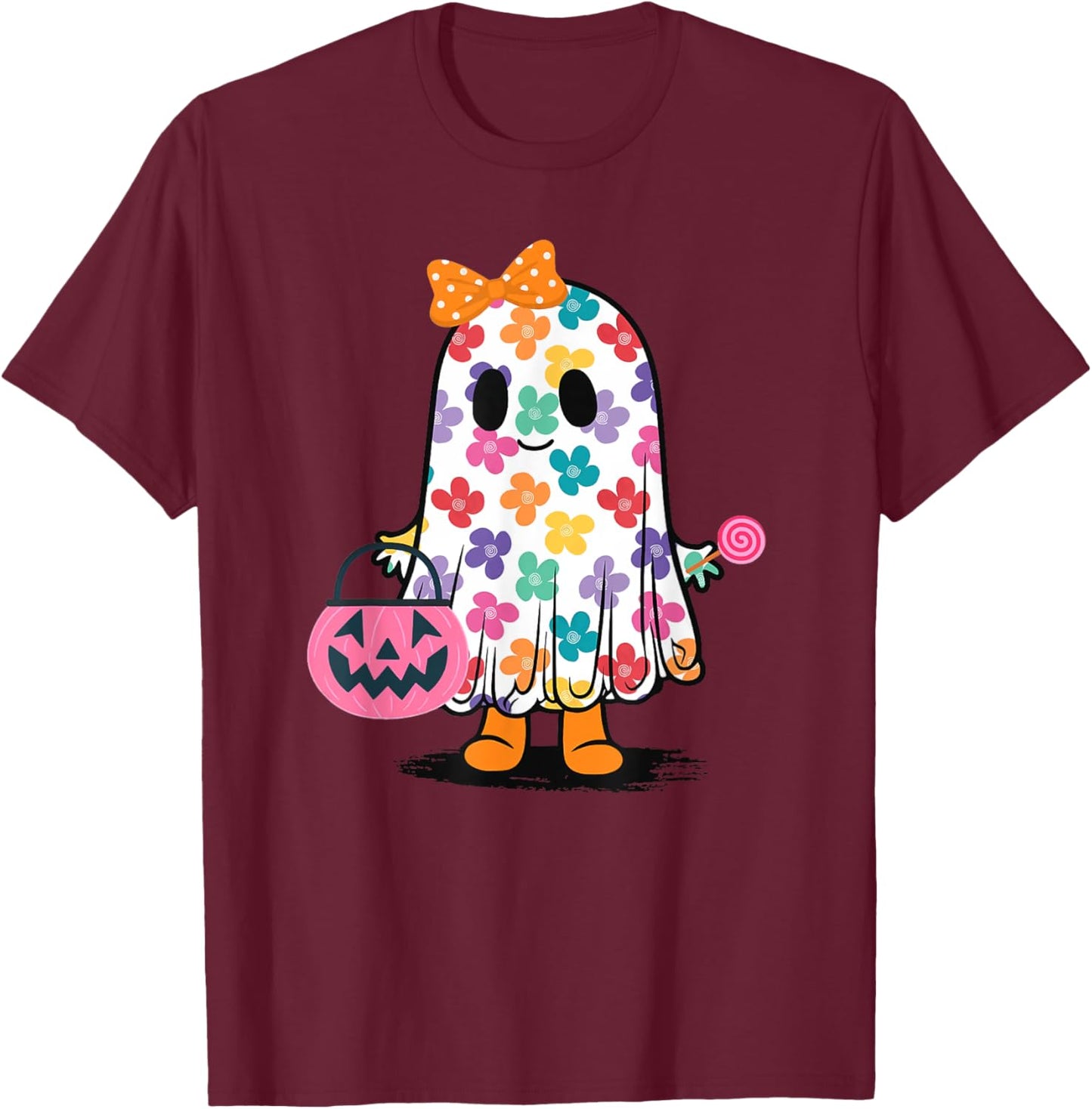 Cute Girly Ghost Flower Spooky Season T-Shirt - T-Shirt | Maroon