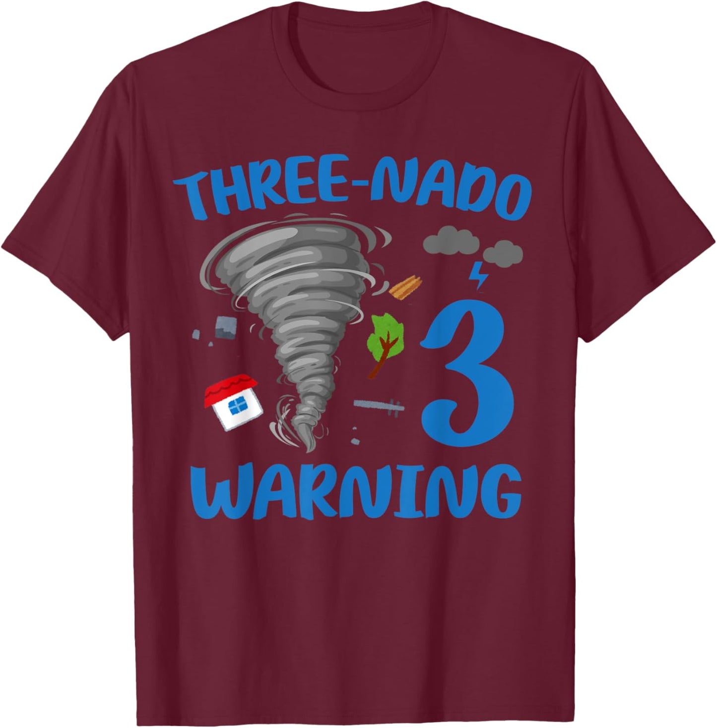 Kids Three-nado Warning 3rd Birthday Party Theme Tornado Boy T-Shirt - T-Shirt | Maroon