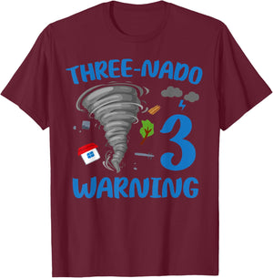 Kids Three-nado Warning 3rd Birthday Party Theme Tornado Boy T-Shirt - T-Shirt | Maroon