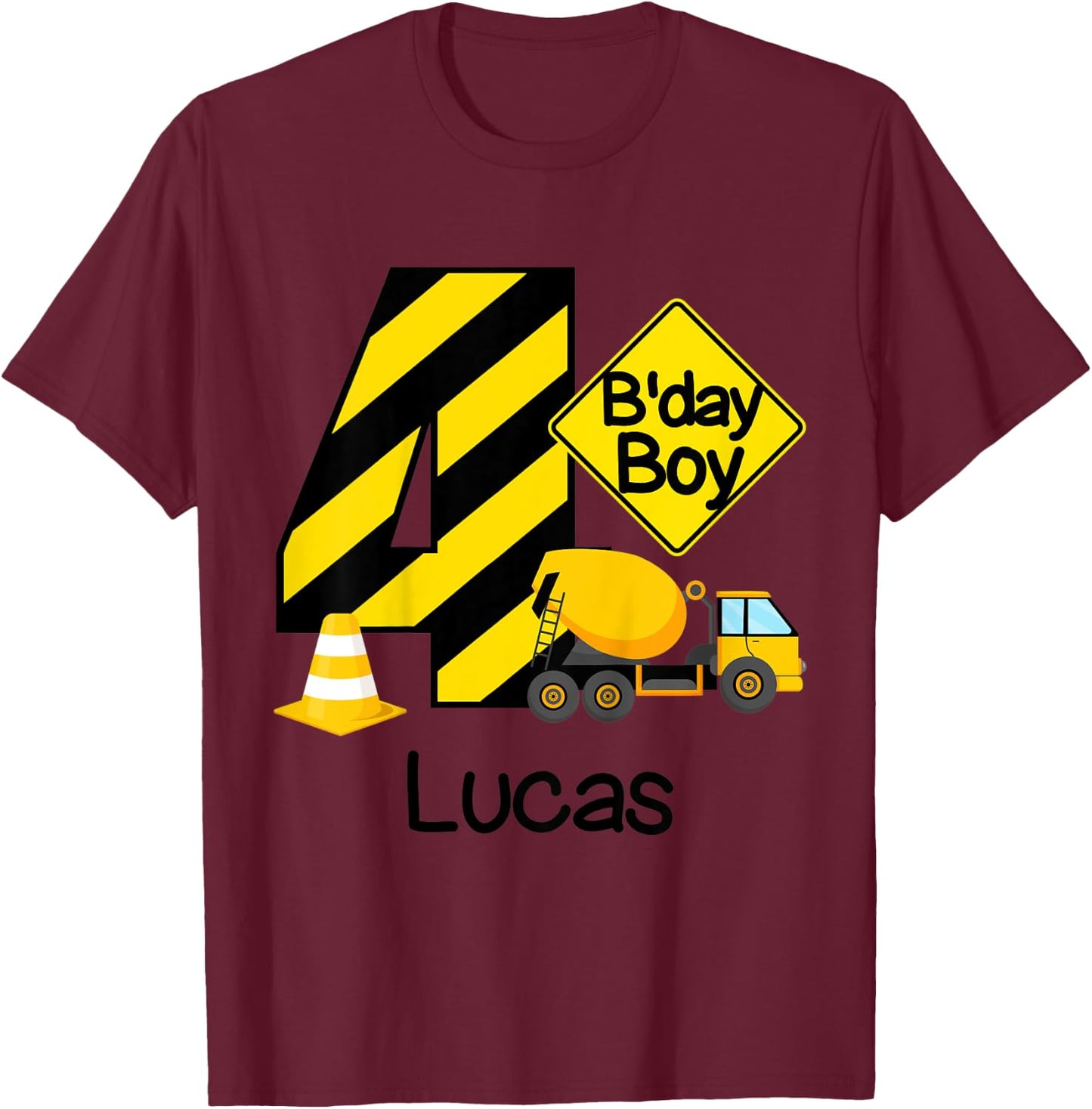Kids Construction 4th Birthday Lucas Boys 4 Years Old Party T-Shirt - T-Shirt | Maroon