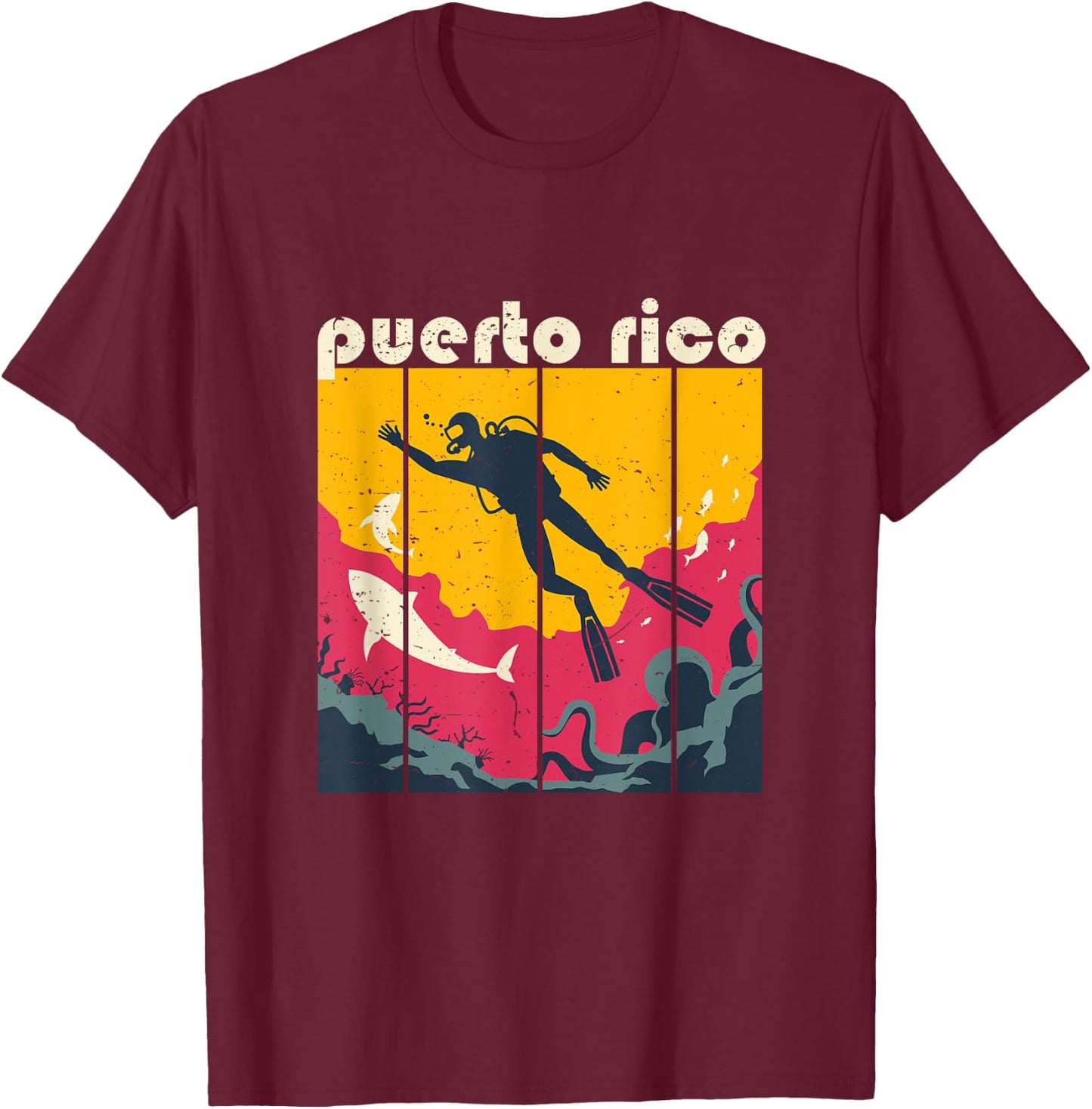 Vintage Retro Puerto Rico Diving and Snorkeling Scuba Diver T-Shirt - T-Shirt | Maroon