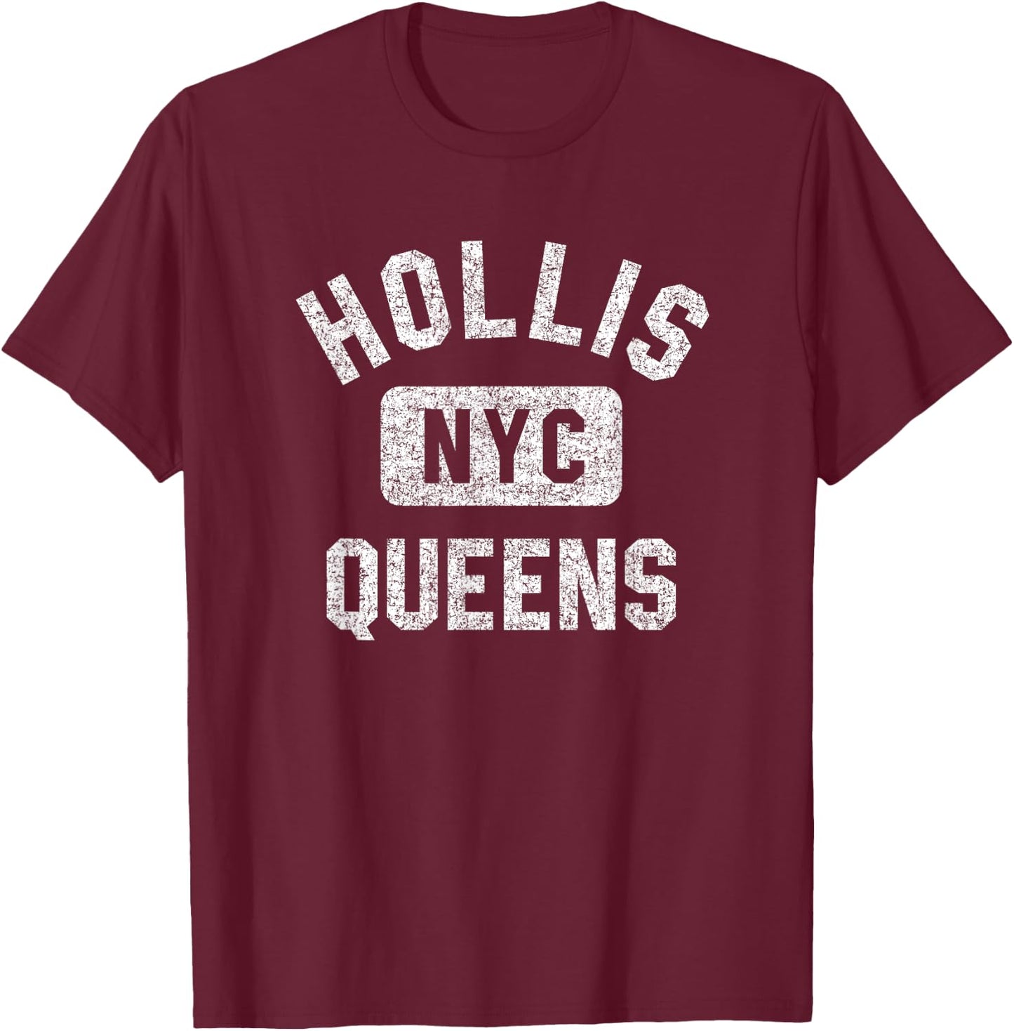 Hollis Queens NYC Gym Style Distressed White Print T-Shirt - T-Shirt | Maroon
