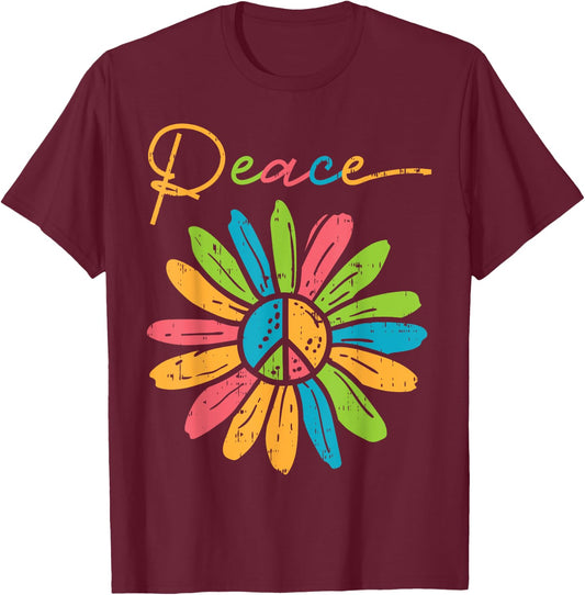 Peace Flower Vintage Colorful Floral Hippi Hippy Women T-Shirt - T-Shirt | Maroon