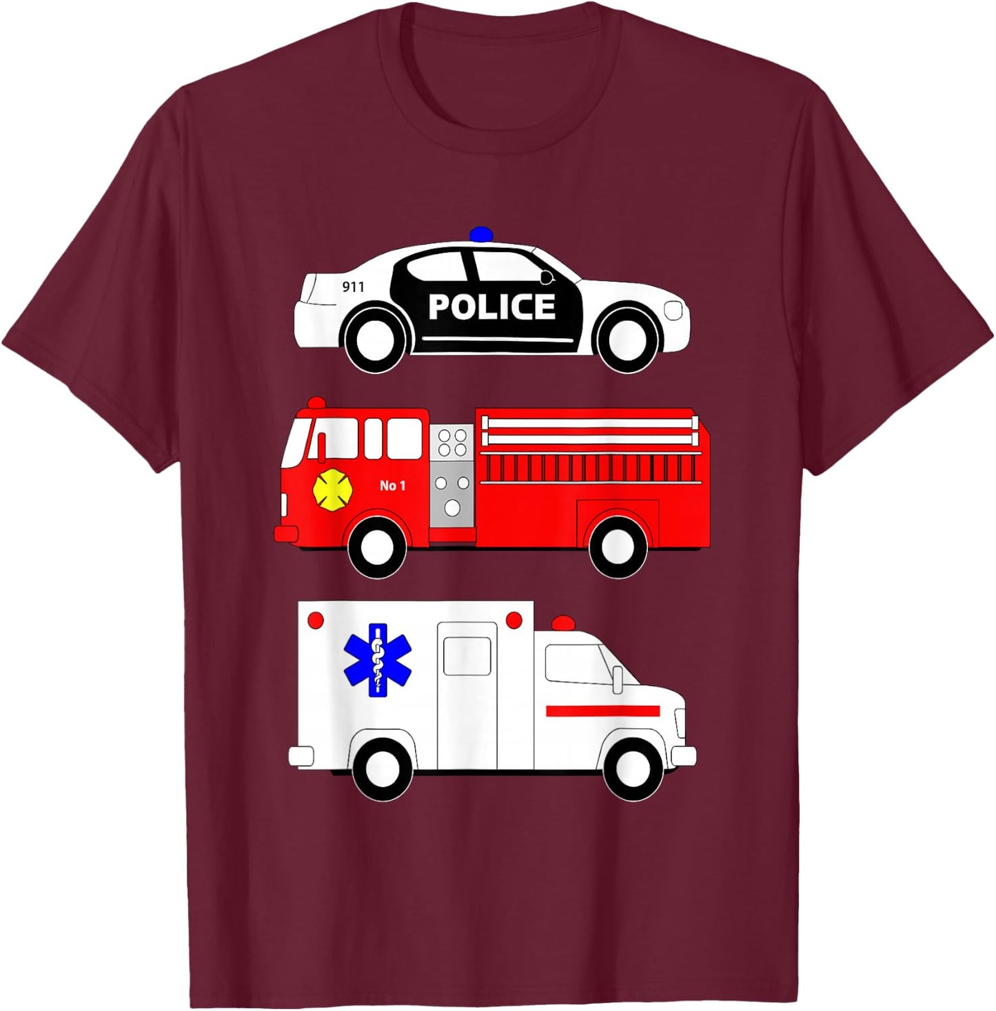 Police Car Fire Truck Ambulance First Responders Design T-Shirt - T-Shirt | Maroon
