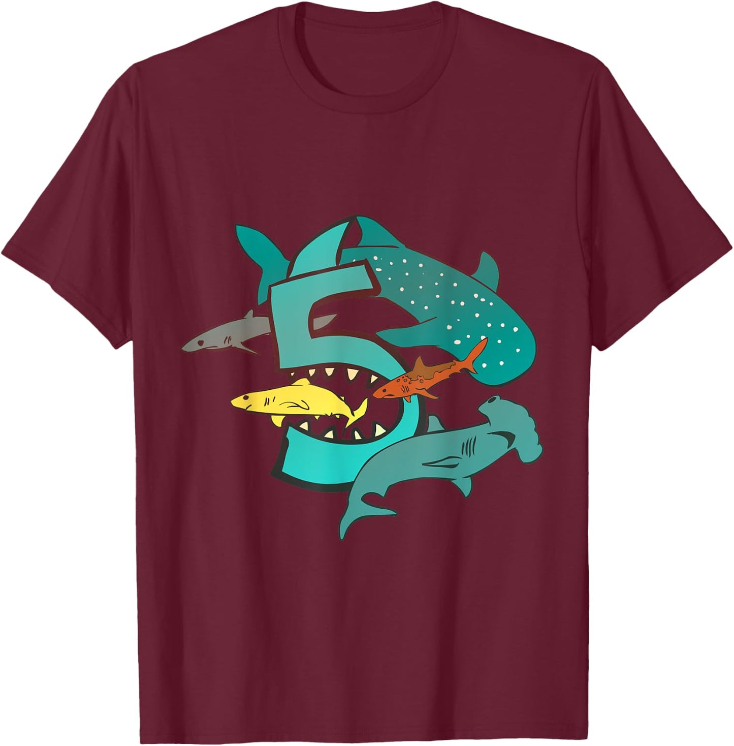 Shark 5th Birthday 5 Year Old Birthday Kids Boys Girls T-Shirt - T-Shirt | Maroon