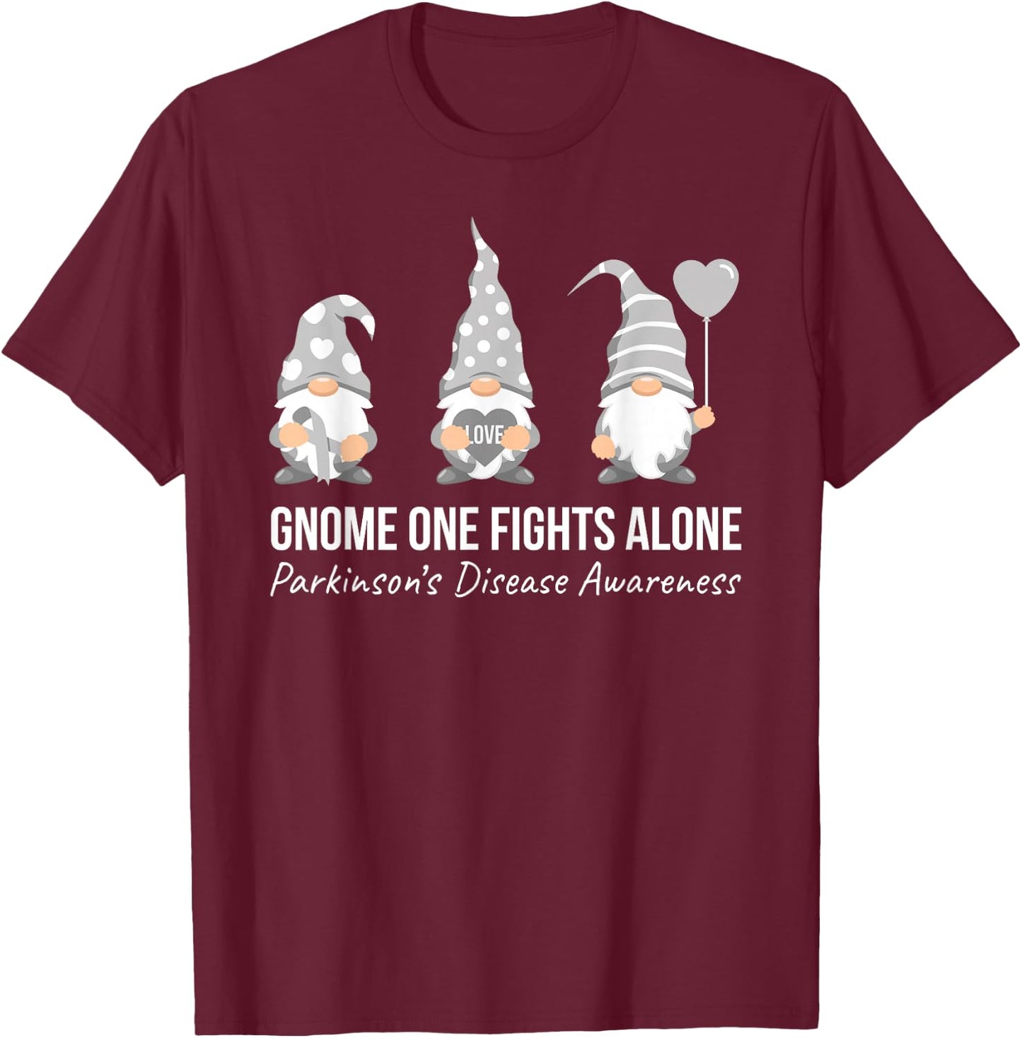 Gnome One Fights Alone T Shirt Parkinsons Awareness Ribbon T-Shirt - T-Shirt | Maroon