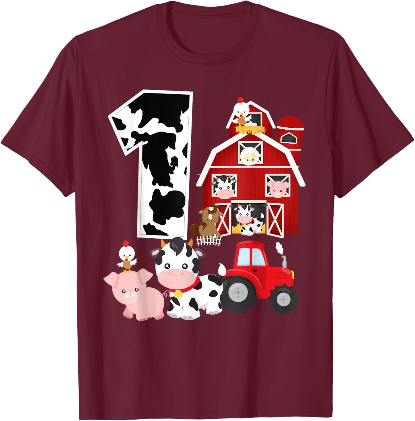 Farm Barnyard Theme Pig Cow Horse 1st Birthday 1 Yrs Old T-Shirt - T-Shirt | Maroon