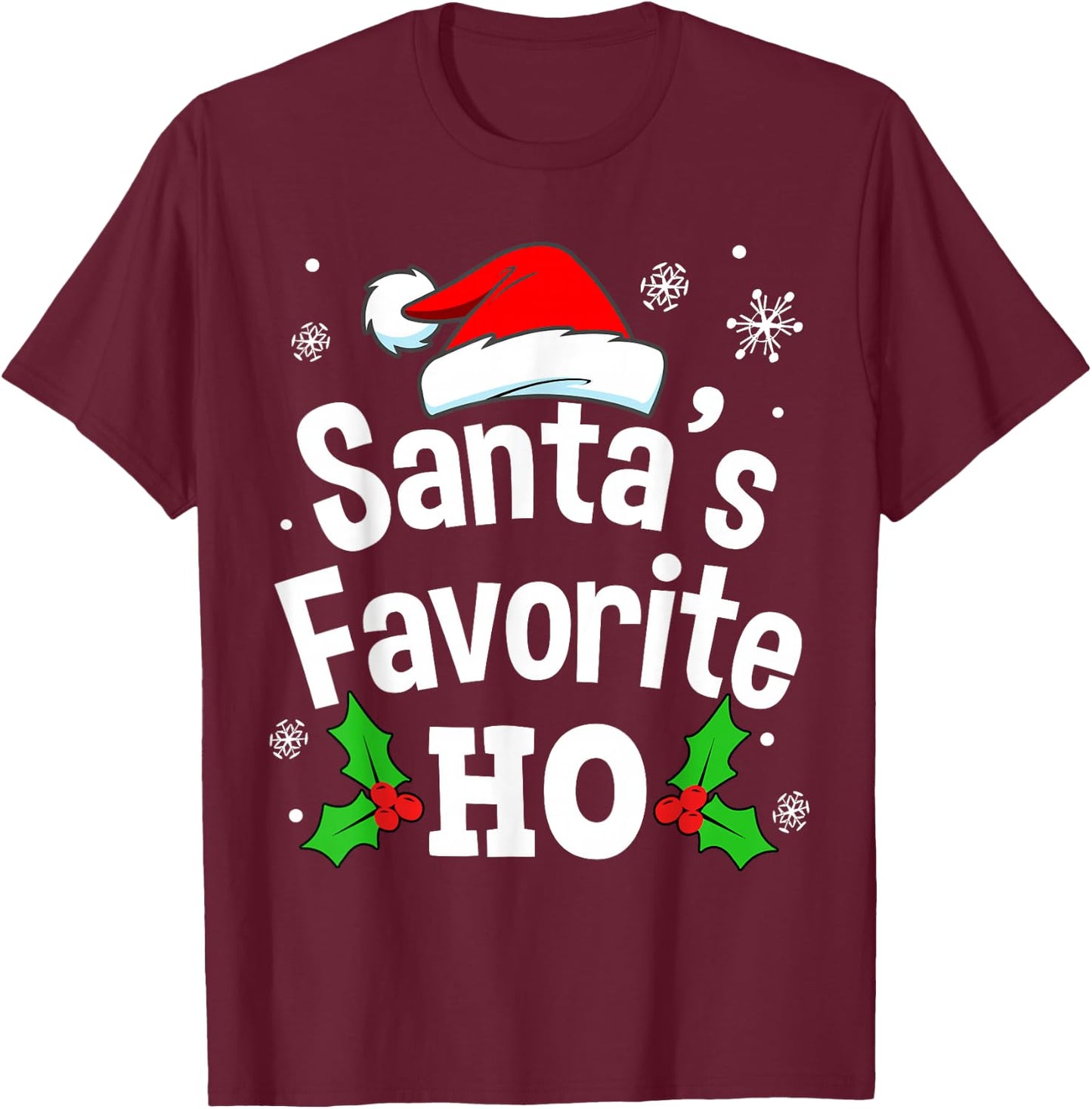 Funny Christmas Santa's Favorite Ho Naughty Pajama Black Adult Cotton Polyester Short Sleeve Small T-Shirt - T-Shirt | Maroon