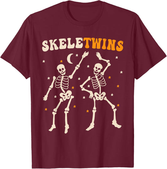 Twins Halloween Matching Skeletwins Funny Dancing Skeletons T-Shirt - T-Shirt | Maroon