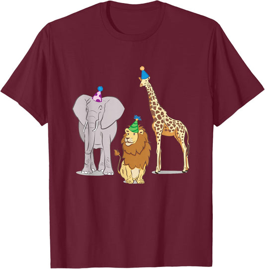 Party Animal Theme! Elephant, Giraffe & Lion! T-Shirt - T-Shirt | Maroon