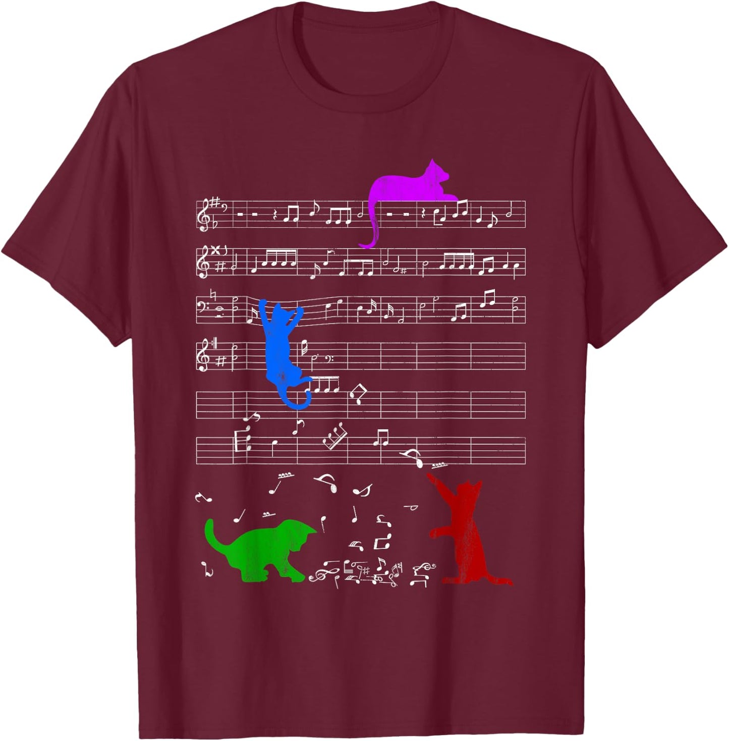 Cute Colored Cats Music Notes Musician Clef Piano T-Shirt - T-Shirt | Maroon