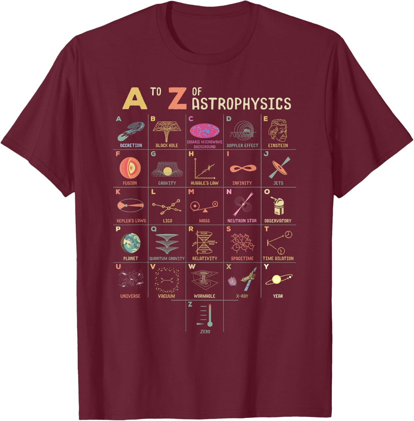 A to Z Astrophysics Funny objects in space science T-Shirt - T-Shirt | Maroon