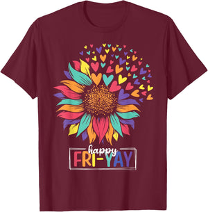 Sunflower Happy Fri-Yay Teacher Friday T-Shirt - T-Shirt | Maroon