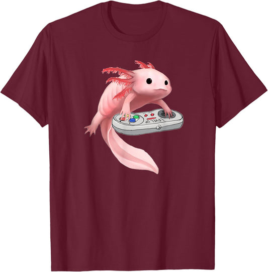 Axolotl Fish Playing Video Game White-Axolotl Lizard Gamers T-Shirt - T-Shirt | Maroon