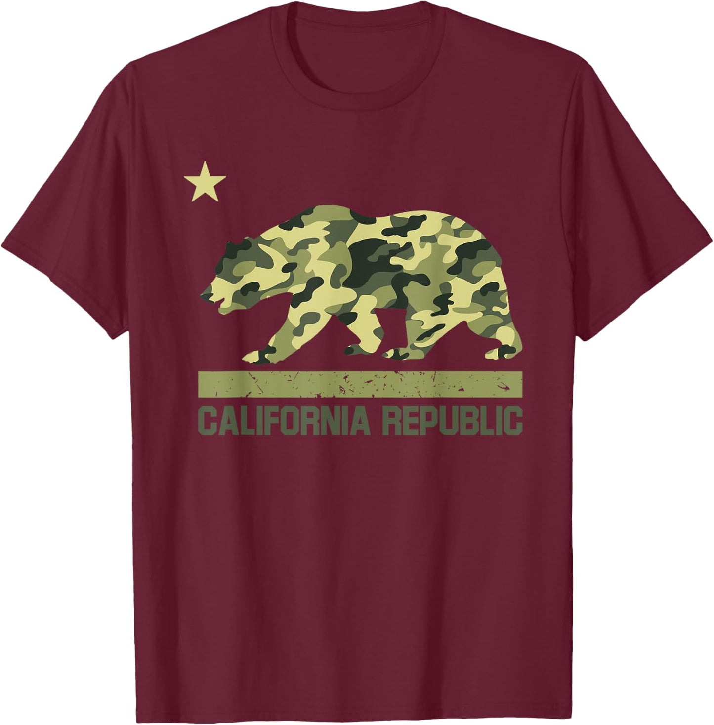 California Republic Flag Camo Bear Star Camouflage LA Cali T-Shirt - T-Shirt | Maroon