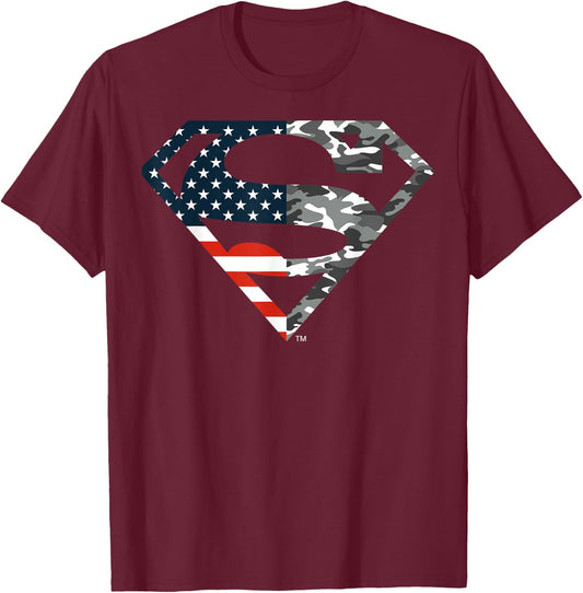 DC Comics Superman American Flag Camo Logo Small T-Shirt - T-Shirt | Maroon