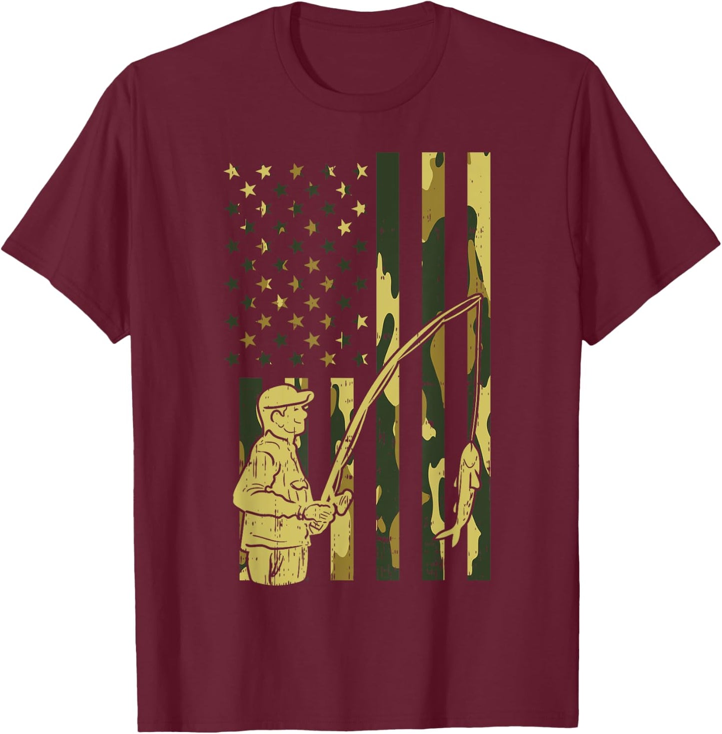 Camo Flag Fisherman Vintage Fishing Patriotic Angler Gift T-Shirt - T-Shirt | Maroon