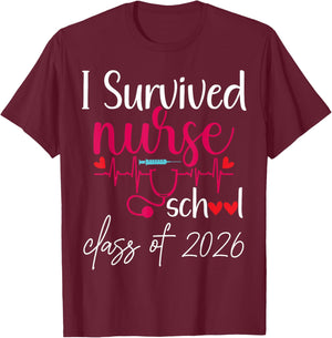 I Survived Nursing School 2026 RN ER Nurse Graduation T-Shirt - T-Shirt | Maroon