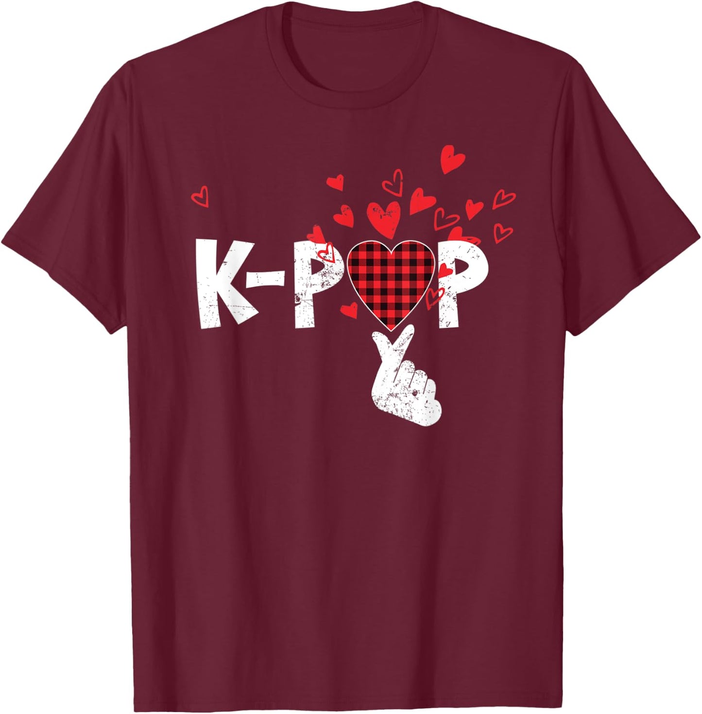 Cute K-Pop Lovers Korean Love Sign Red Buffalo Plaid Pajama T-Shirt - T-Shirt | Maroon