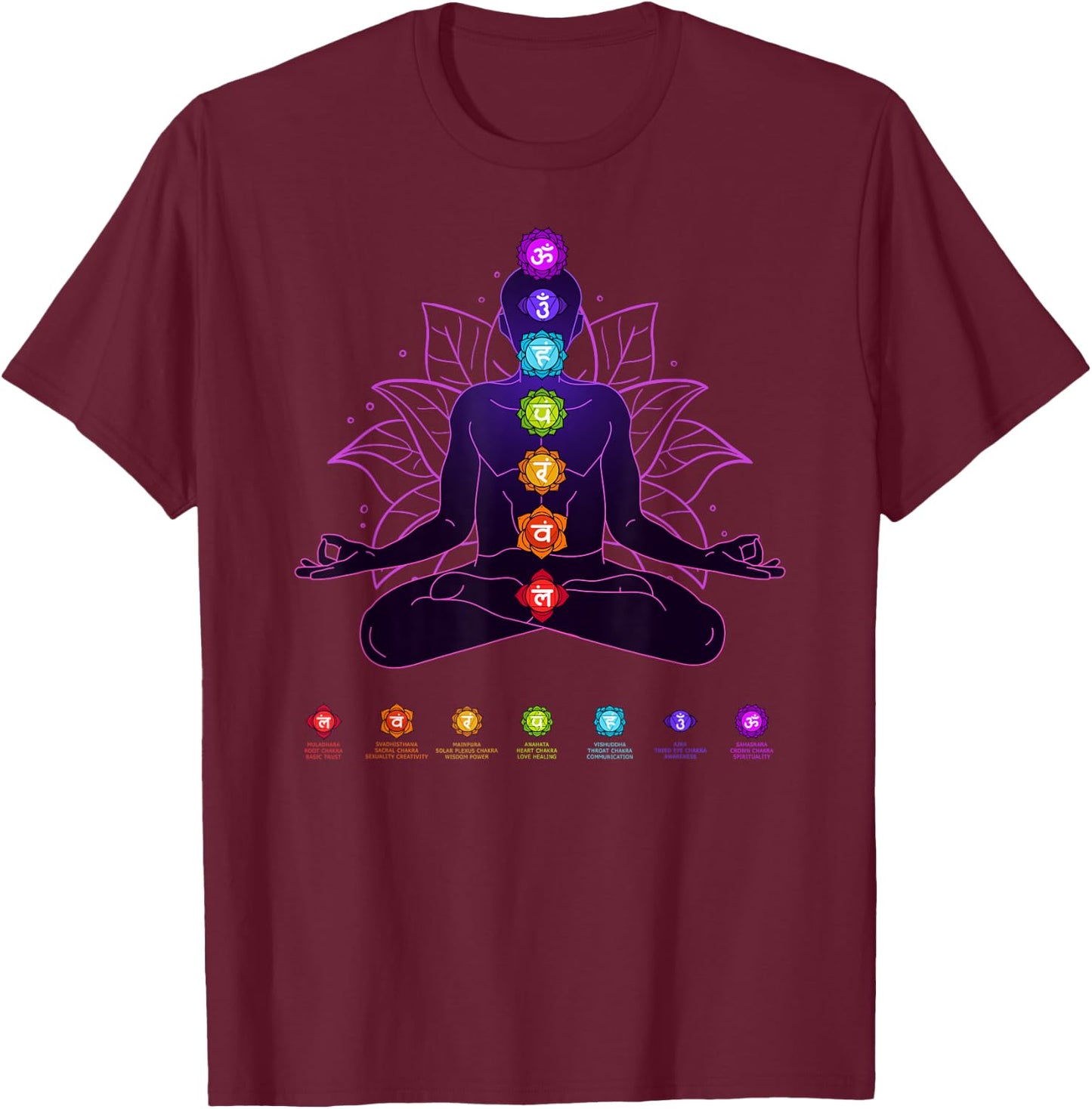 7 Seven Chakras Yoga Spiritual Body System Meditation White T-Shirt - T-Shirt | Maroon