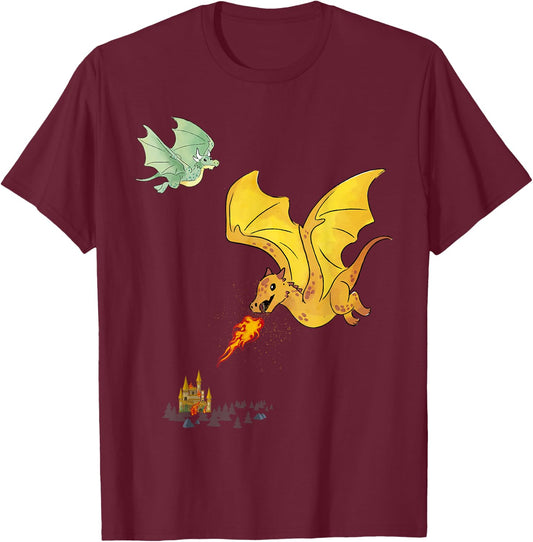 Flying Dragons & Flames Lizard Wyverns T-Shirt - T-Shirt | Maroon